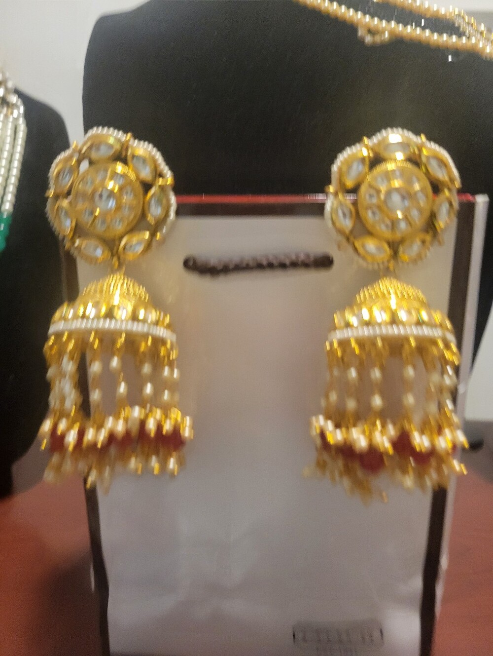 Gold-Tone Pearl and Red Bead Jhumka Earrings